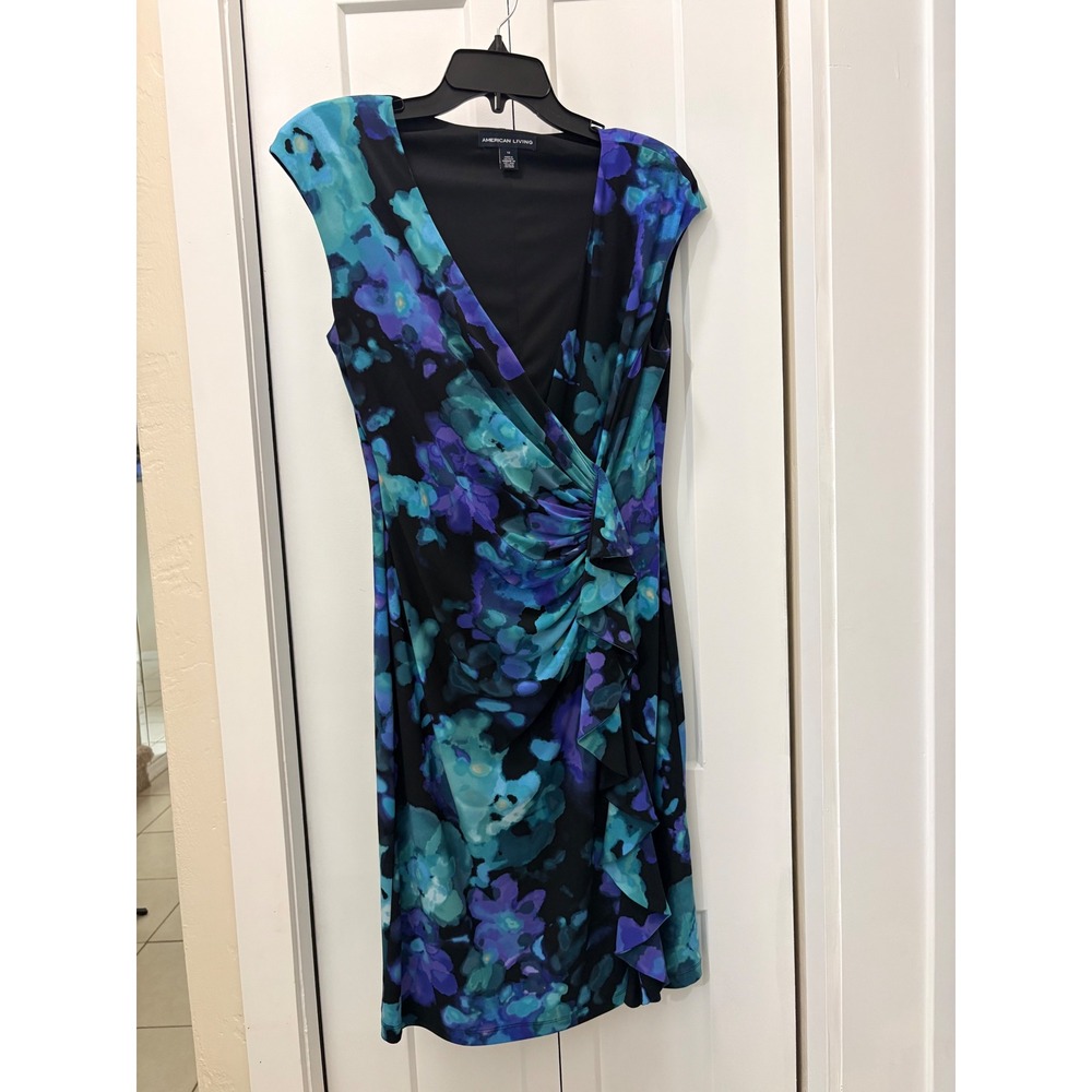 American Living Blue Purple Floral Faux Wrap Ruffle Sheath Dress Size 12